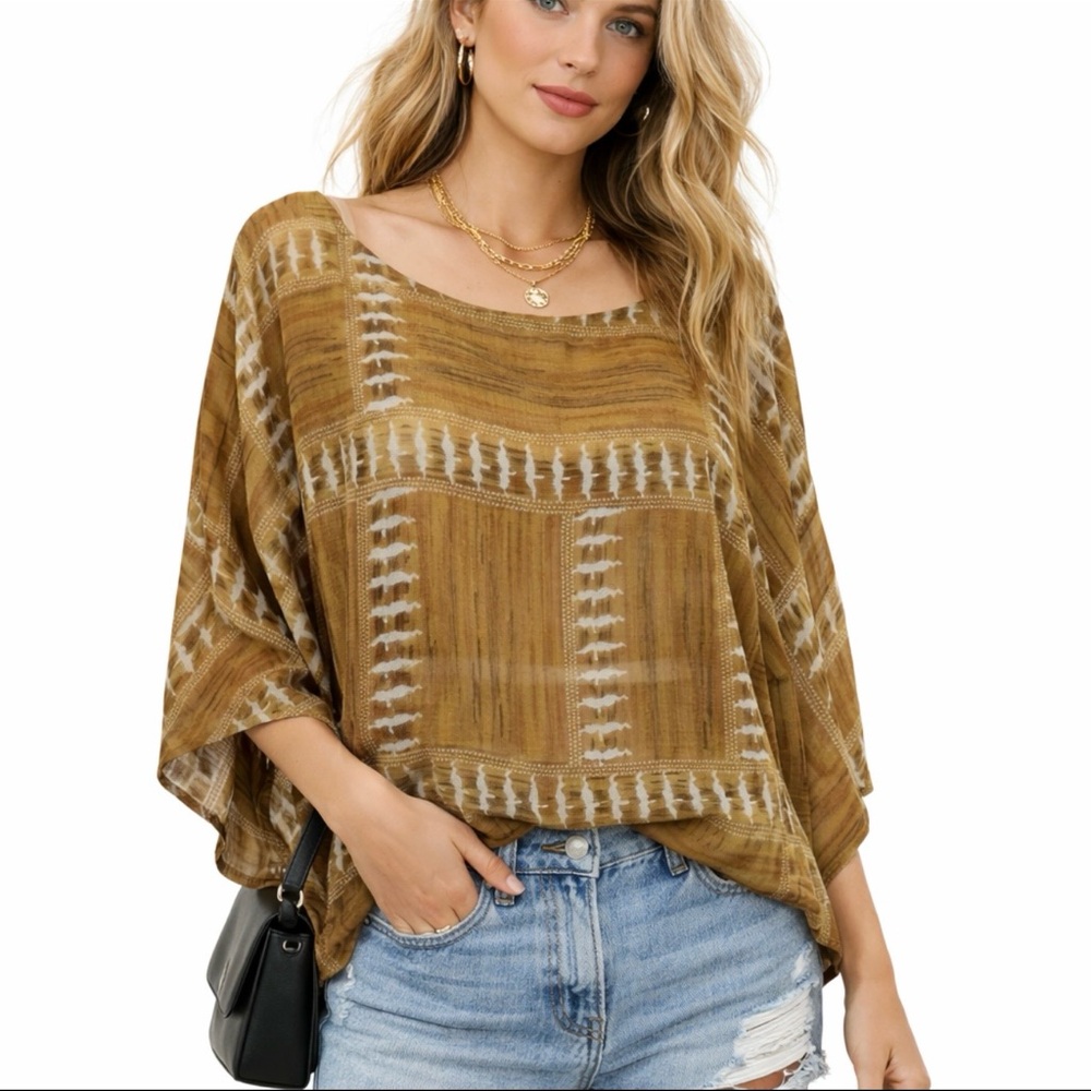 FOREVER 21 GREEN BEIGE BLACK ABSTRACT GEOMETRIC PONCHO BLOUSE L NWT